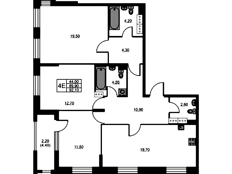 3-комнатная квартира 92.1 м², 12/13 эт., ЖК «Тайм Сквер»